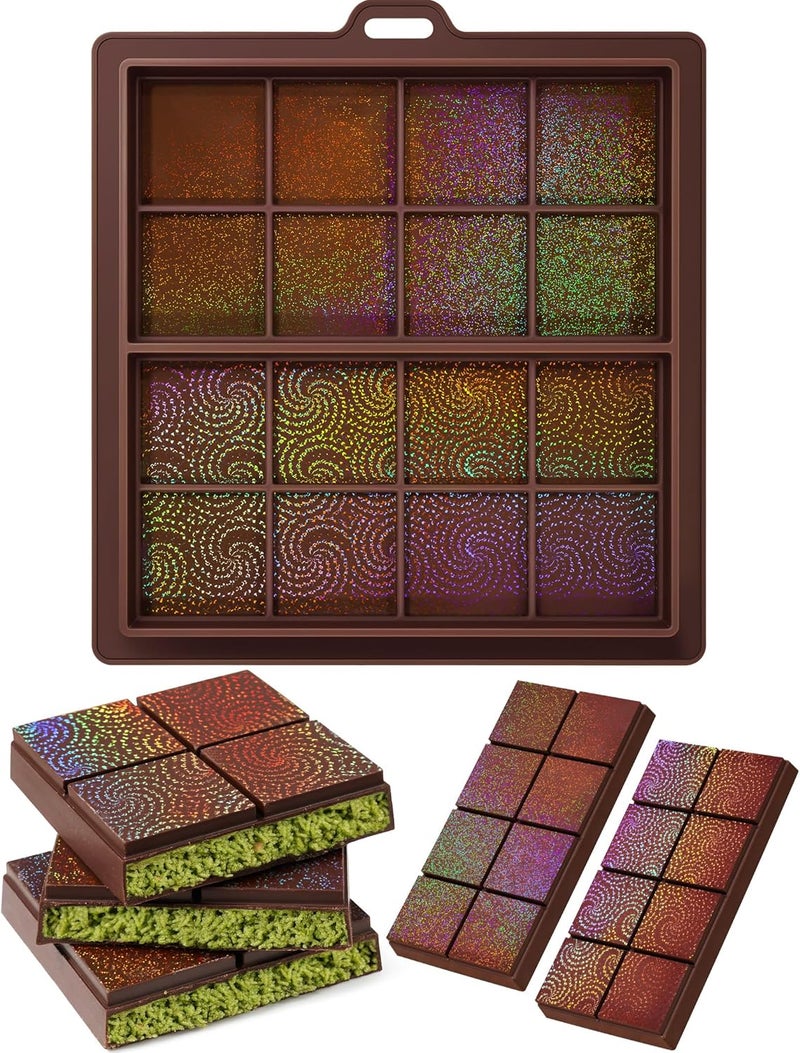 NiHome 0.67 Inch Holographic Dubai Chocolate Molds, Silicone Chocolate Bar Mold for Black Chocolate, Dishwasher Safe & Wall Hanging, Christmas Valentine Gift (Swirl and Sandy Pattern) - Image 1